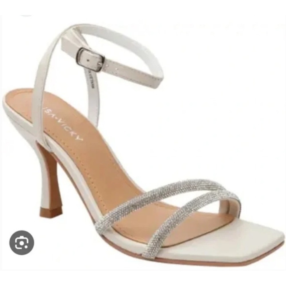 NEW Lisa Vicky White Rhinestone Ankle Strap‎ Square Toe Heels Size 7.5M